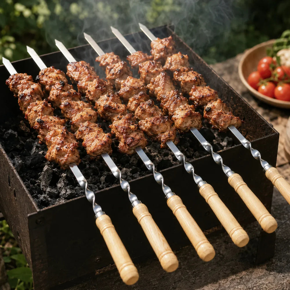 Grillspyd i rustfritt stål med trehåndtak – 6-pakning